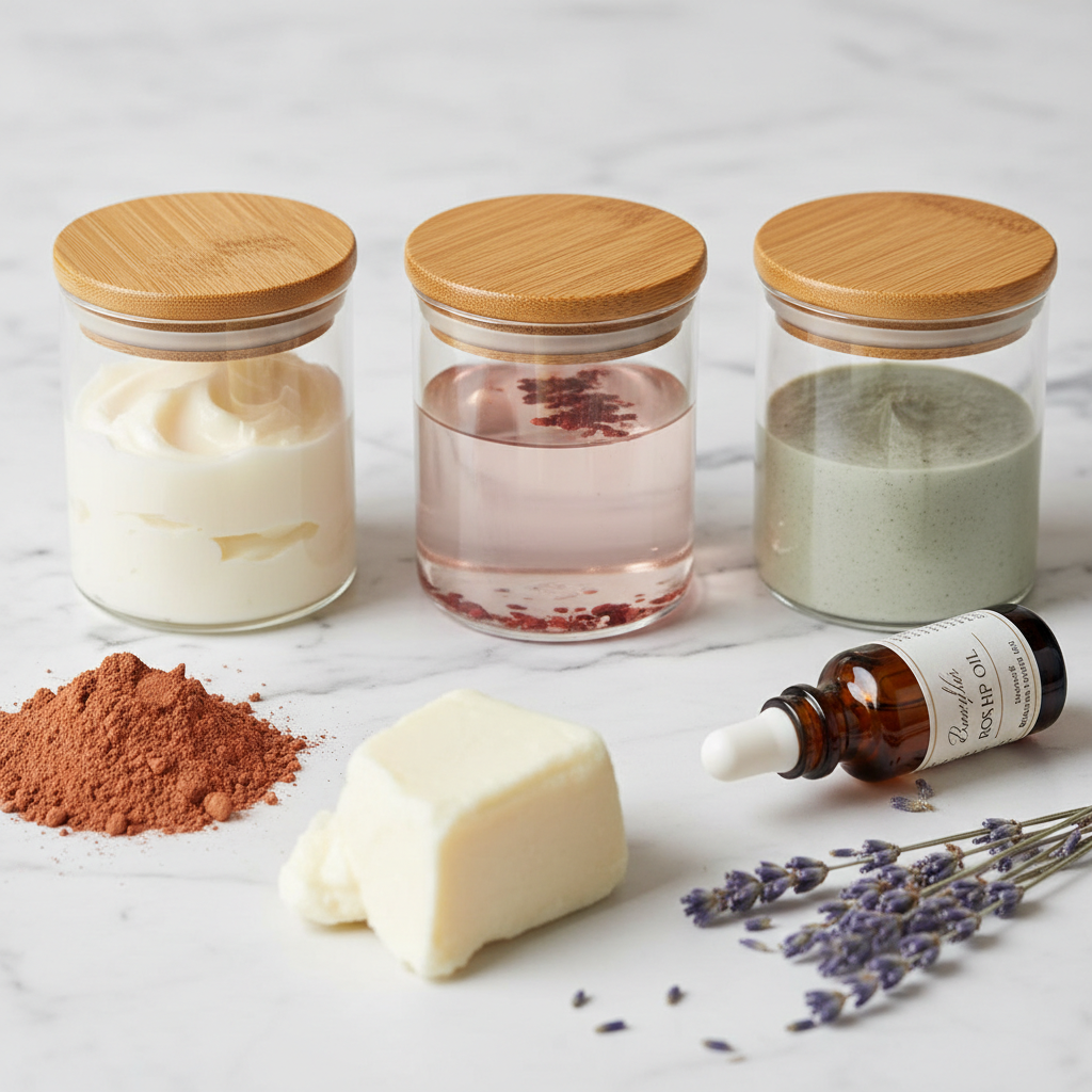 Natural beauty DIY skincare bases in glass jars with bamboo lids