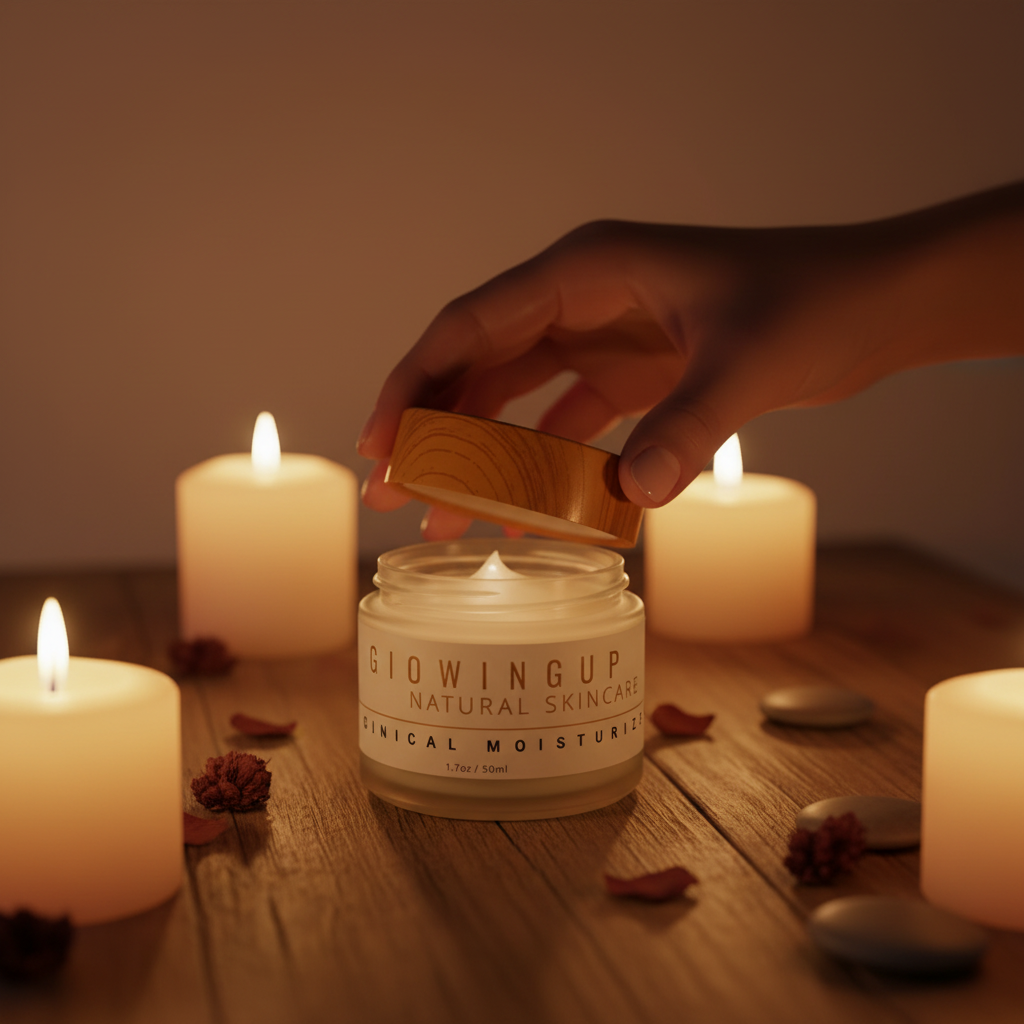 Hands with Glowing Up Burn Out Box skincare jar