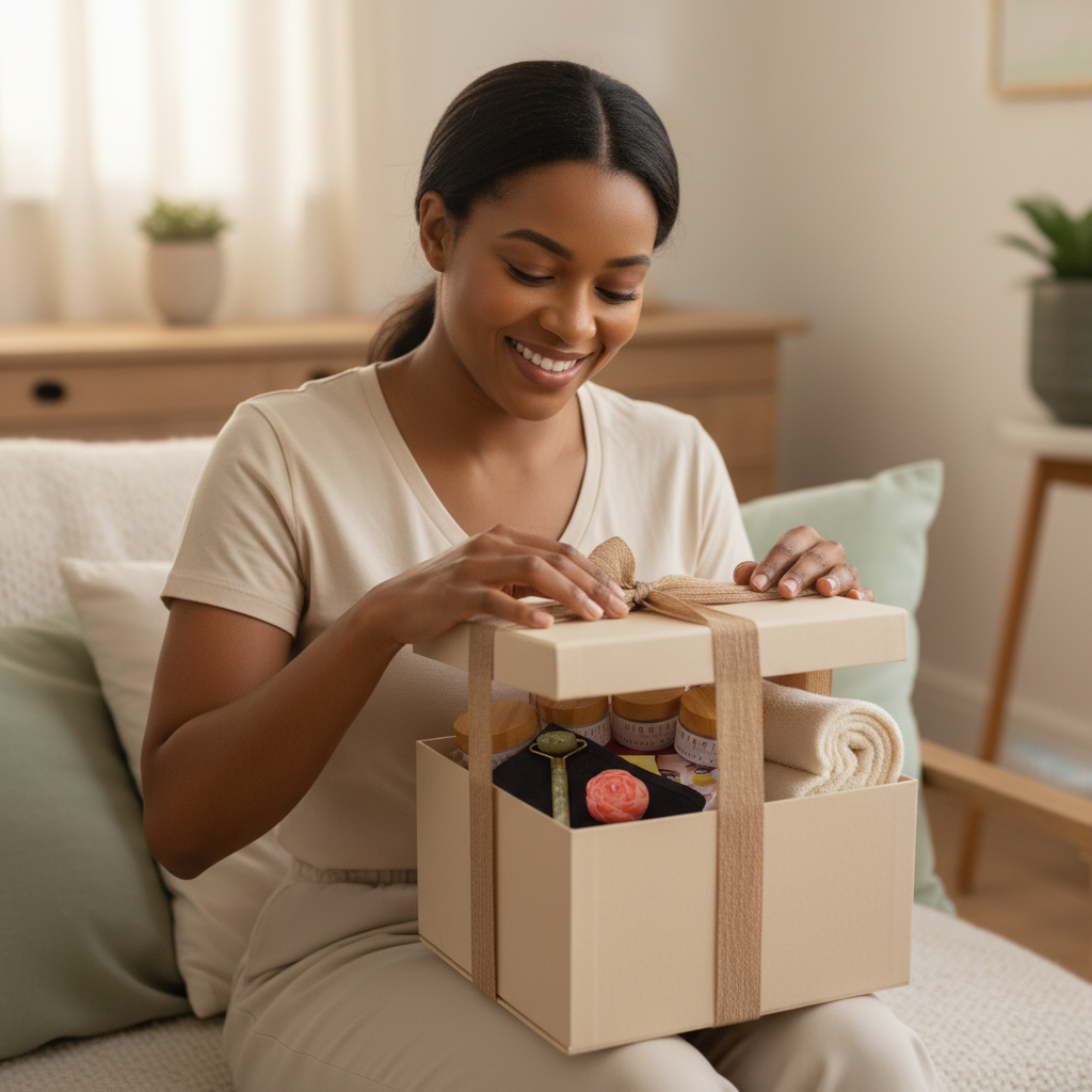 Brown skin model unwrapping spa gift box