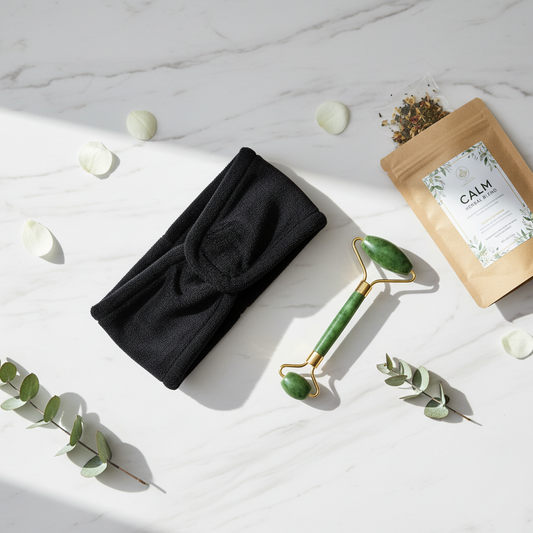 Spa flat lay with green roller and tea packet
