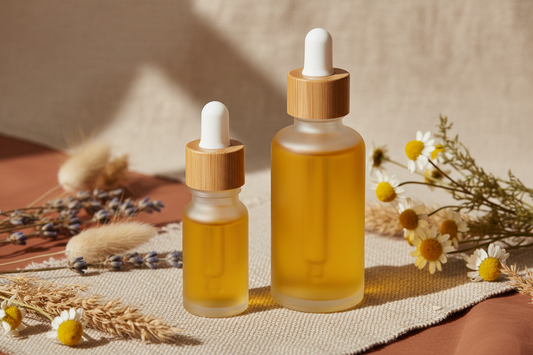 Two jojoba oil bottles with beautiful background