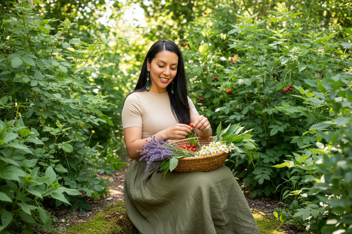 Woman picking natural skincare ingredients